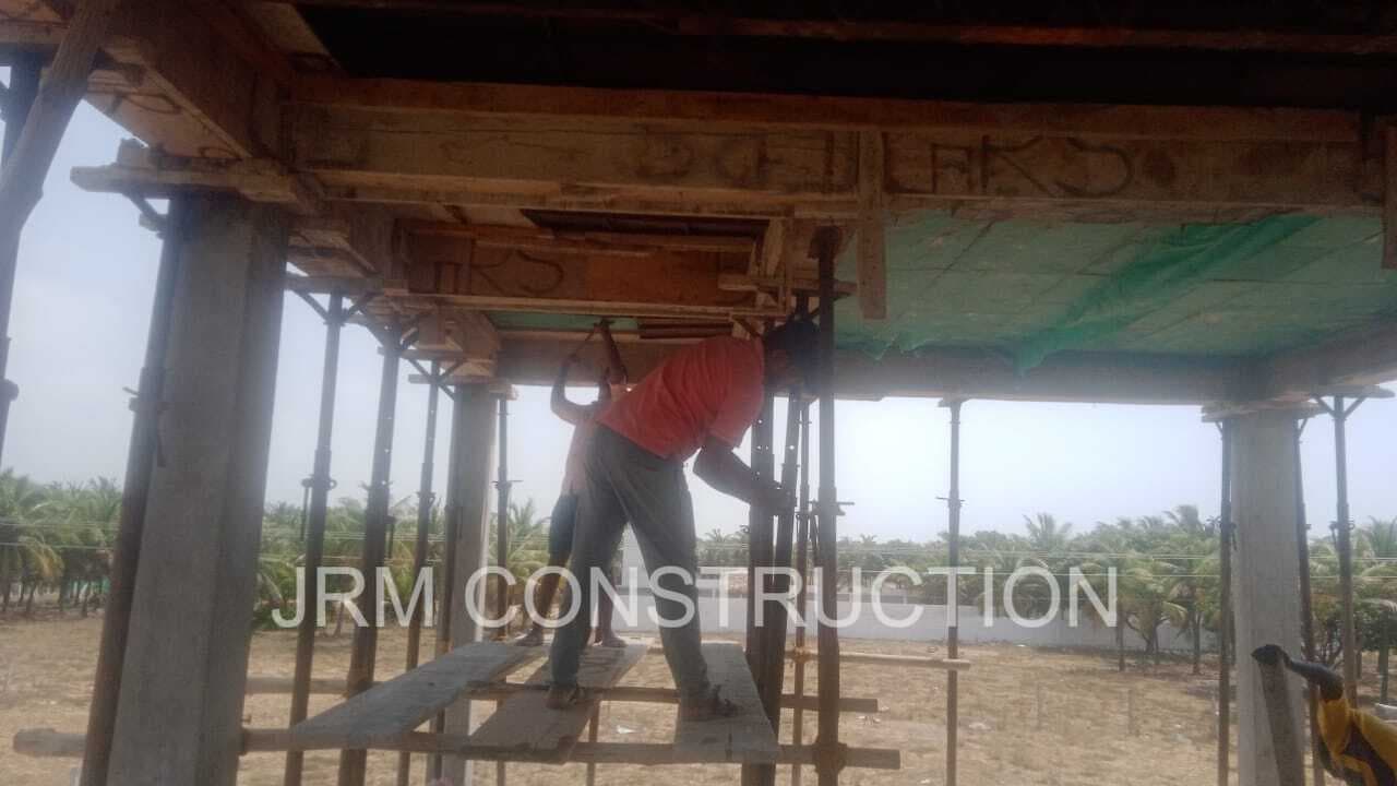 Ceiling formwork and support installation in progress at JRM Construction farmhouse project in Mugaiyur Chennai