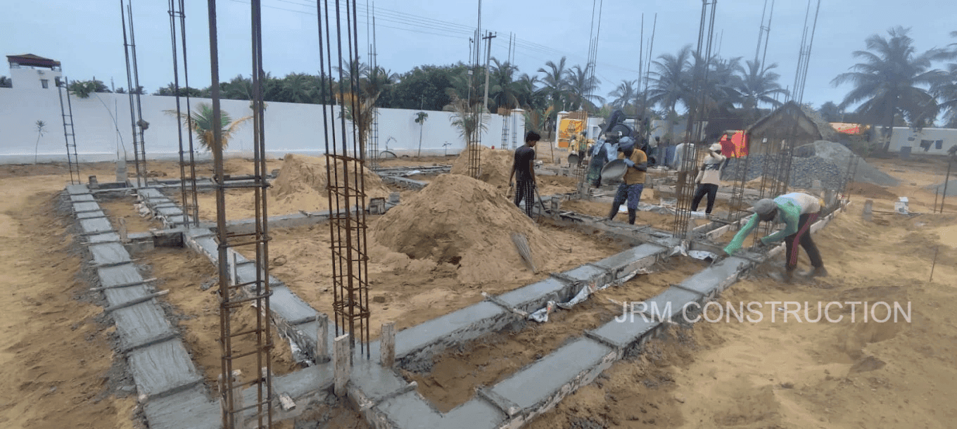 Foundation work in progress for farmhouse construction project in Mugaiyur Chennai by JRM Construction
