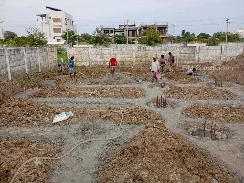 Footings and reinforcement bars laid for foundation